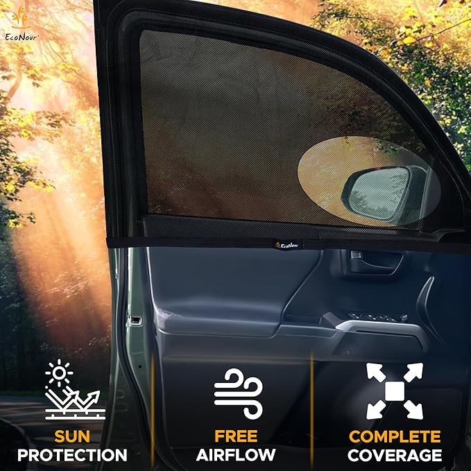 EcoNour Car Front Side Window Sun Shades Compatible for Toyota Tacoma | 2Pack Breathable Super Stretchy Mesh Sun Shade | Heat Block UV Protection Car Window Screen Covers | Mosquito Net Curtains