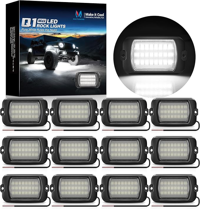 MICTUNING Q1 Max White Rock Lights, 12 Pods Super Bright Pure Underglow Light Kit, IP68 Waterproof for Truck Car ATV UTV Golf Cart (2 Year Warranty)