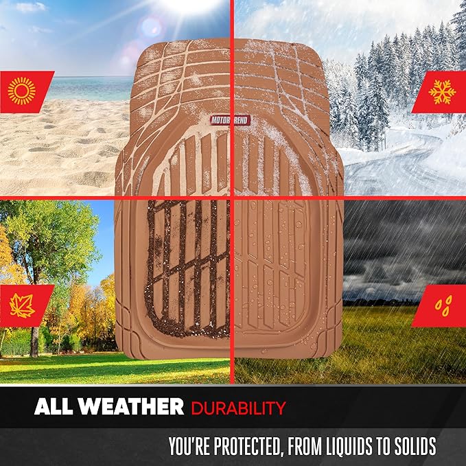 Motor Trend FlexTough 4-Piece Heavy Duty Floor Mats for Cars Trucks SUVs, Automotive Floor Mats Car Mats Full Set Front, Rear & Cargo, Trim-To-Fit Semi-Custom Deep Dish All Weather Rubber Mats - Beige