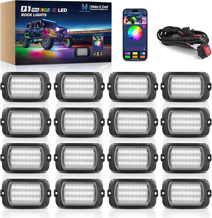 MICTUNING Q1+ MAX 16 Pods Ultra-Bright RGB Rock Lights, Multi-Color Chasing Underglow Lighting, Extensible to 24 Pods, APP Music Sync & DIY Effects, IP68 Waterproof