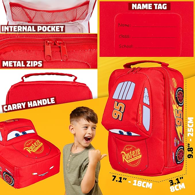 Disney Cars Lunch Bag for Kids Lightning McQueen Car Shaped Lunch Cooler Bag with Mesh Pocket Name Tag for School Snacks Travel Gifts for Kids