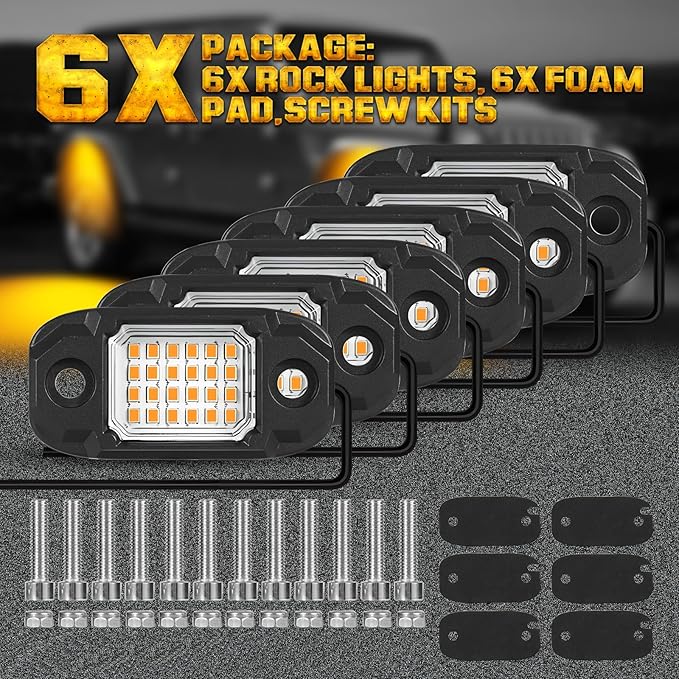 6Pods Yellow Rock Lights 24 LEDs Chips Neon Trail Rig Lamp Underglow LED Lighting Systems for Cars Trucks SUV ATV UTV