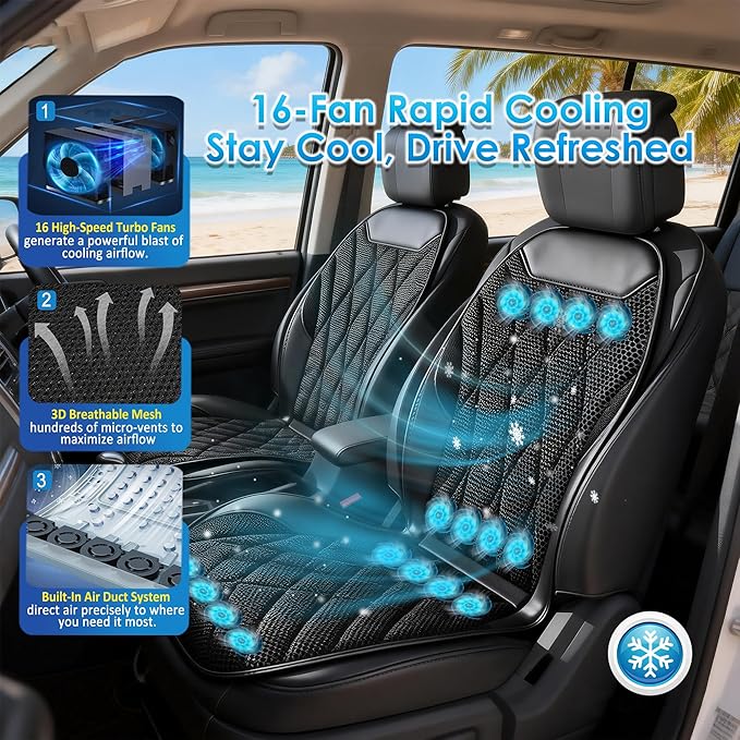 3-in-1 Smart Climate Control Car Seat Cushion Comfortable Massage Cooling Seat Cover for Car Front Seat, 16 Fans Ventilated Cooling Seat Cushion for Car Fit All Season 1 Pack Seat Cooler (Black-1)