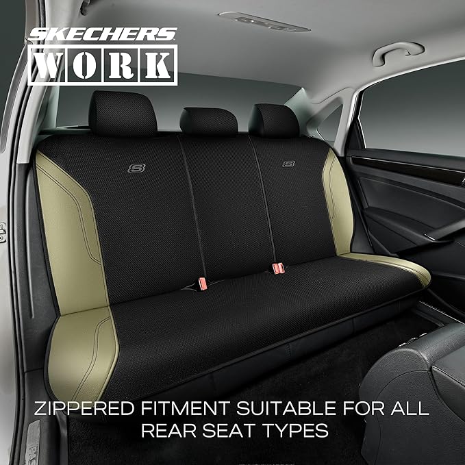 Skechers Car Seat Covers, Work Leather Seat Covers 5-Times Stronger Built-in Webbing,Oxford Fabric Seat Cover Full Sets, Airbag Compatible, Automotive Comfort for Cars,Trucks,SUVs,Beige