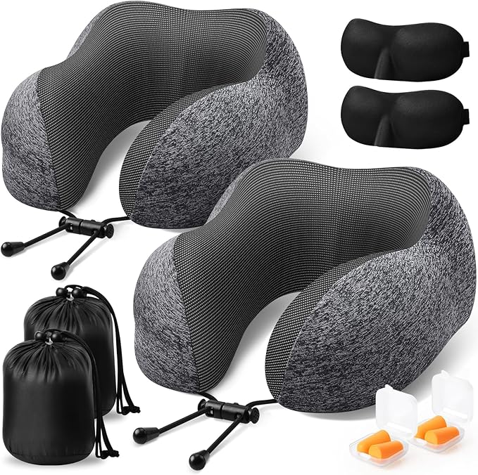Travel Pillow, 2 Pack Travel Pillows for Sleeping Airplane, Removable Cover Neck Pillow with Adjustable Clasp, Memory Foam Neck Pillow Set (Dark Grey*2)