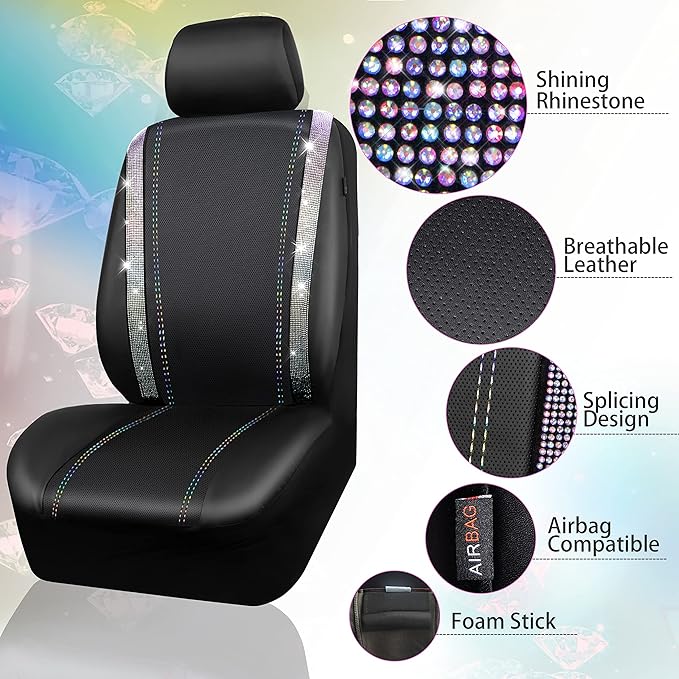 CAR PASS Bling Diamond Car Seat Covers Full Set, Shining Rhinestone Waterproof Faux Leather, Rear with Zipper, Universal Fit Automotive Glitter Crystal Sparkle Strips for Cute Women Girl,Muticolor