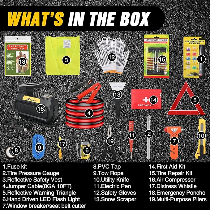 Nilight Car Emergency Kit with Jumper Cable Air Compressor Tire Repair Essential Tools First Aid Alligator Connector Electrical Kit for Travel Camping Outdoor Cars Truck SUV RV