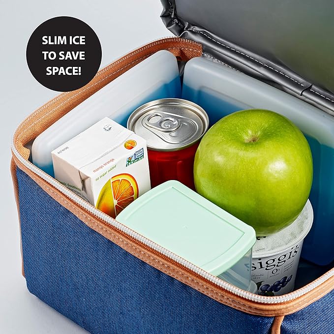 Cool Coolers by Fit & Fresh 4 Pack Slim Ice Packs, Quick Freeze Space Saving Reusable Ice Packs for Lunch Boxes or Coolers, Multi Colored