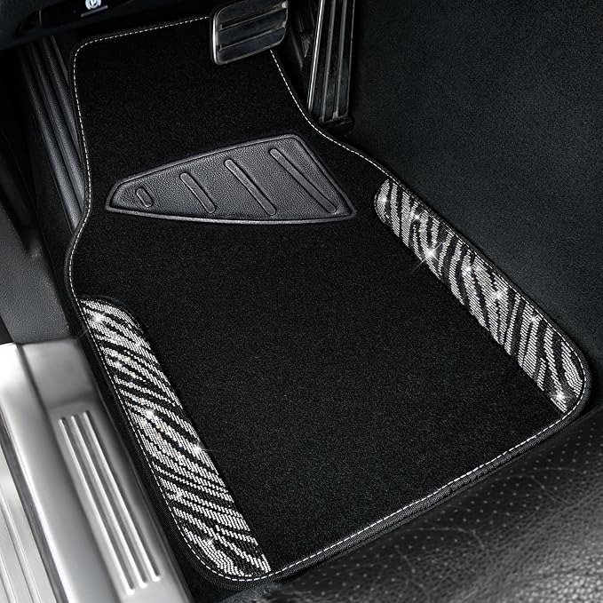 CAR PASS Bling Zebra Car Mats Rhinestones Diamond Waterproof Floor Mat Crystal Sparkly Shining Glitter Carpet Anti-Slip PVC Heel Pad, Universal Fit Automotive SUV,Sedan,4pcs Girly Women, Zebra Diamond