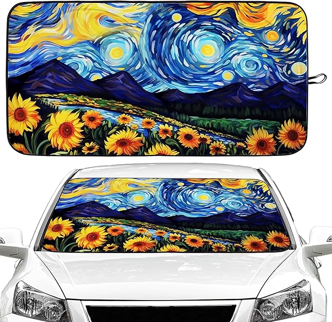 Starry Night Sunflowers Car Windshield Sun Shade Foldable Sunshade Front Window Cover Sun Visor Protector Accessories (59x27.5 inches)