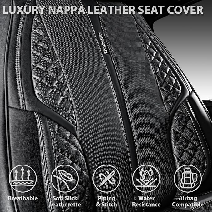 CAR PASS Nappa Leather Car Seat Covers Full Set, Luxury Seat Protector for Cars, Waterproof Anti-Slip PU Seat Cushion Airbag Armrest Compatible Universal for Sedan SUV Pick-up Truck Auto, All Black