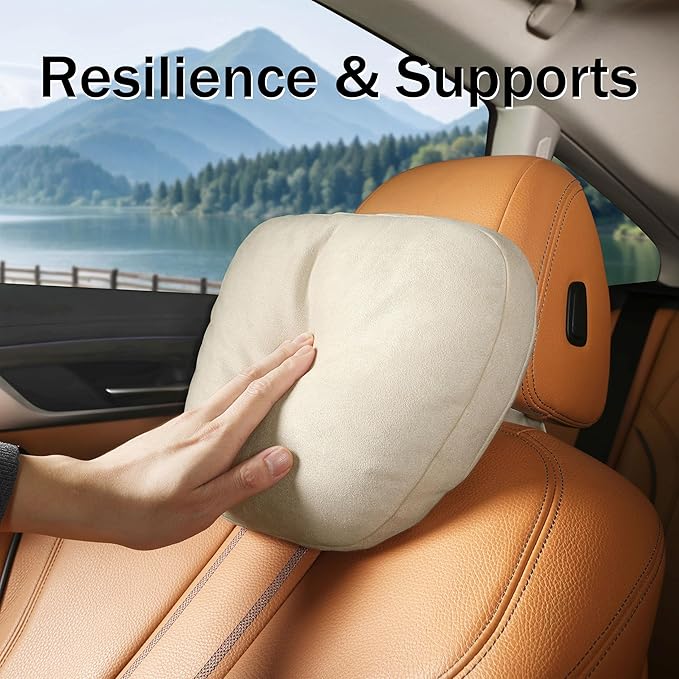 2pcs Car Neck Pillow for headrests,Support Drive Seats Head Cushion Pillows,Superfiber Suede,Plant-Based Polyester,Thickness & Height Adjustable,11.8x7.5,Inner Liner fillable(Off-White)