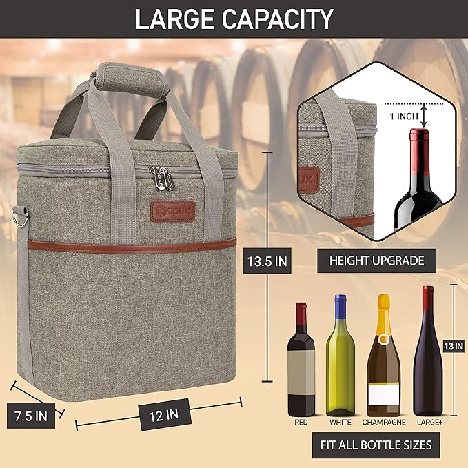 opux 6 Bottle Carrier Tote | Insulated Padded Wine Cooler Bag for Travel. Picnic, BYOB | Portable Leakproof Wine Tote Bag for Dinner, Party, Christmas, Wine Gift for Women, Men (Heather Taupe)