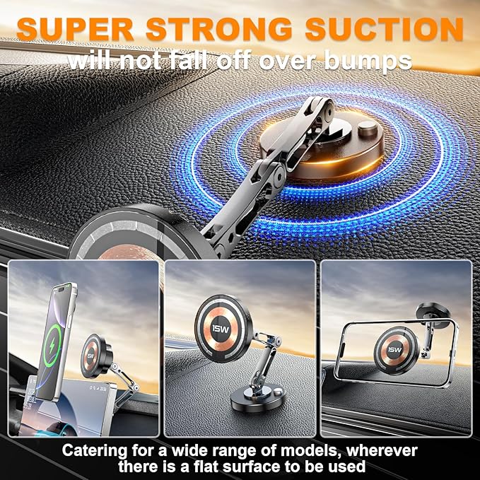 Magnetic Car Mount Charger Wireless, 15W Fast Charging 2 in 1 Magnetic Cell Phone Holder Stick on Dashboard Windshield, 360° Foldable Full Metal Car Accessories for iPhone16/15/14/13/12 Series