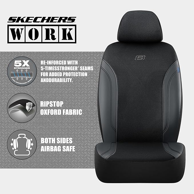 Skechers Car Seat Covers, Work Leather Seat Covers 5-Times Stronger Built-in Webbing, Oxford Fabric Seat Cover Full Sets, Airbag Compatible, Automotive Comfort for Cars, Trucks, SUVs,Black