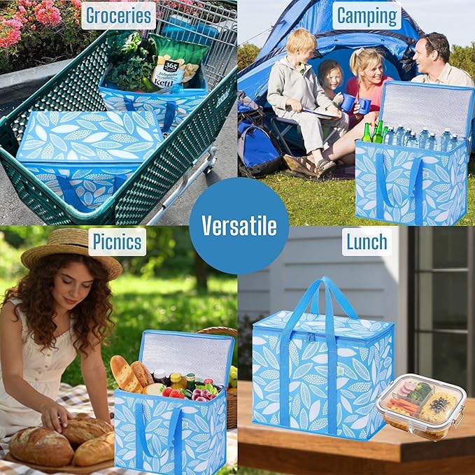 VENO 3 Pack Insulated Cooler Bag, Reusable Grocery Shopping Bag for Food Delivery, Heavy Duty, Large Size, Durable Handles, Double Zippers, Lid, Collapsible (Spring Breeze, 3 Pack)
