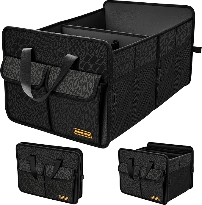 SIBOFUEGO Sturdy Car Trunk Organizer – Large Capacity Trunk Organizer for SUVs & Sedans, Hard-Shell One-Piece Design with Cute Print, Collapsible and Durable Car Organizers (Black Leopard 70L)