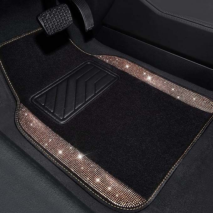 CAR PASS Bling Rhinestone Diamond Car Floor Mat, Crystal Sparkly Shining Glitter Carpet Waterproof Anti-Slip PVC Heel Pad, Universal for Interior Auto SUV,Sedan,Van,4pcs Girl Women Men, Champagne Gold