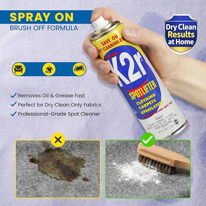 K2R SpotLifter Spot Remover Spray – Quick-Drying Stain Remover for Clothing, Carpets, Upholstery & Wallpaper – Built-In Brush Cap for No-Mess Touch-Ups – 10oz (2, 1)