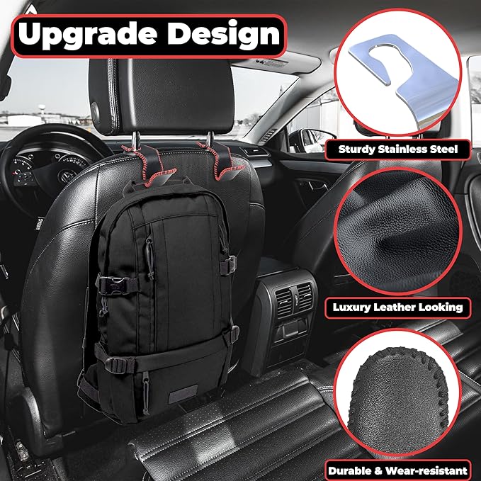 3Pcs Car Seat Headrest Hooks, Back Seat Purse Leather Hanger Holder Hook, Magnetic Storage Organizer for Purses Handbag Grocery Bags Coats