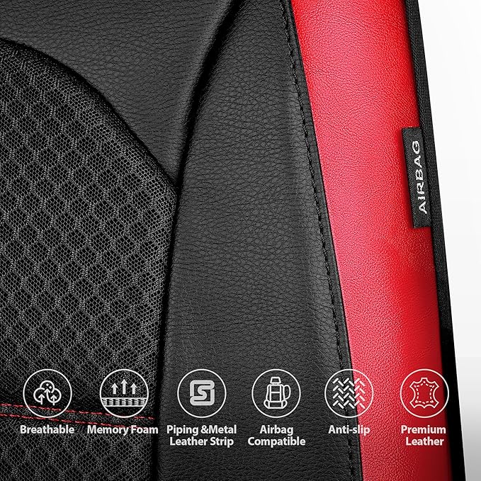 CAR PASS Memory Foam Leather Seat Covers,Air Cool Mesh Thick Car Seat Covers Front Seats Red Leather Seat Covers for Cars Universal for SUVs Trucks,Airbag Compatible Comfort Durable,Black Red Metal