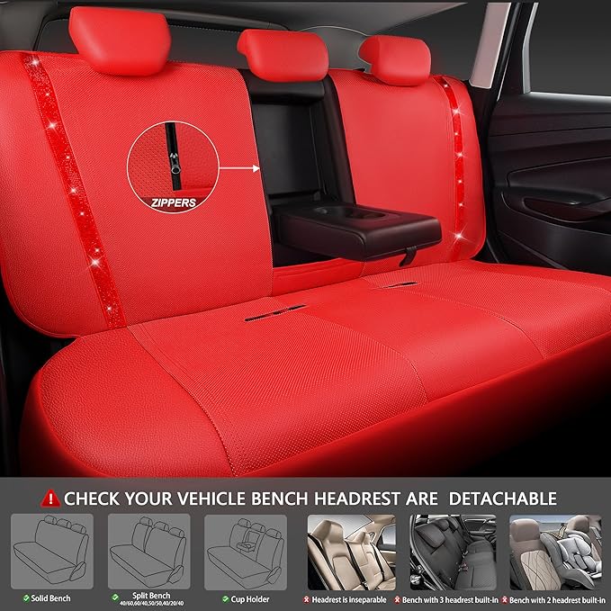 CAR PASS Bling Diamond Car Seat Covers Full Set, Shining Rhinestone Waterproof Faux Leather, Rear with Zipper, Universal Fit Automotive Glitter Crystal Sparkle Strips for Cute Women Girl, Red