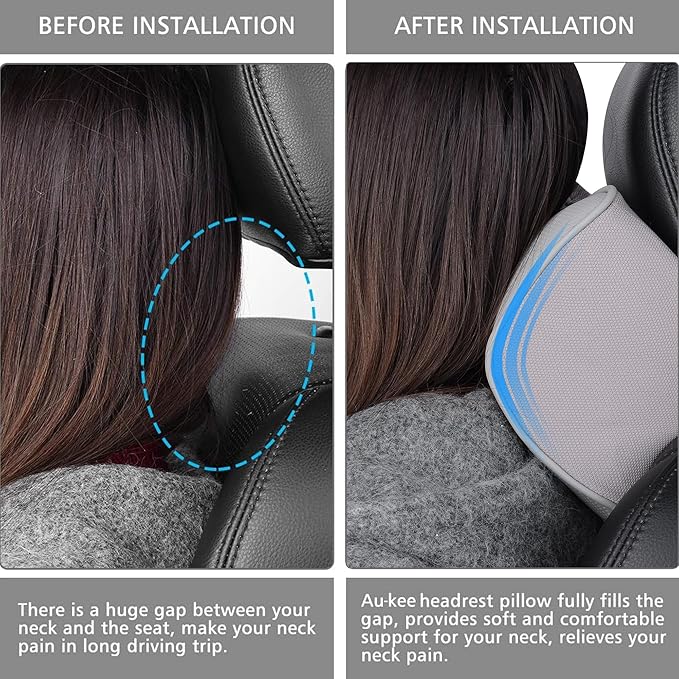 Aukee Memory Foam Car Neck Pillow Soft Leather Car Headrest for Driving Home Office Gray (Pack of 2)