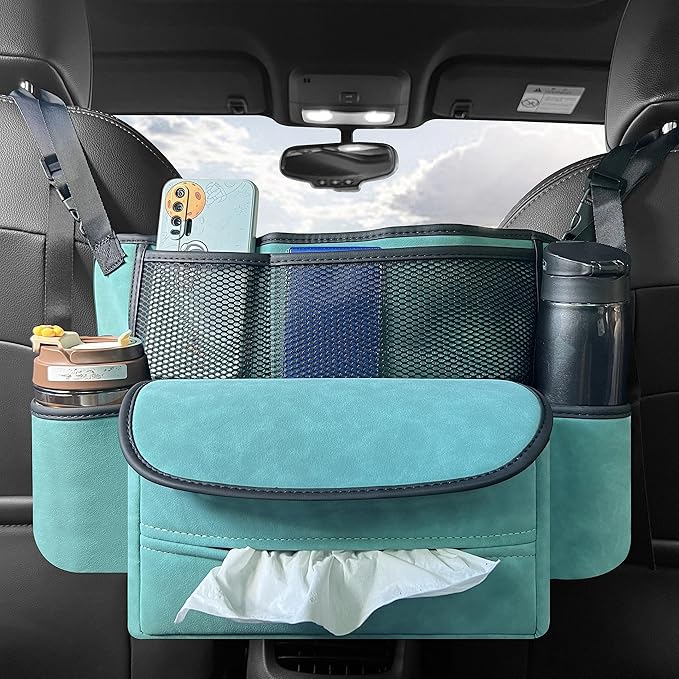 JEYODA Car Suede Seat Organizer High-capacity Seat Back Pouch Central Storage for Pickup SUVs Double-sided Tissue Storage Handbag Holder Car Accessories (Blue)