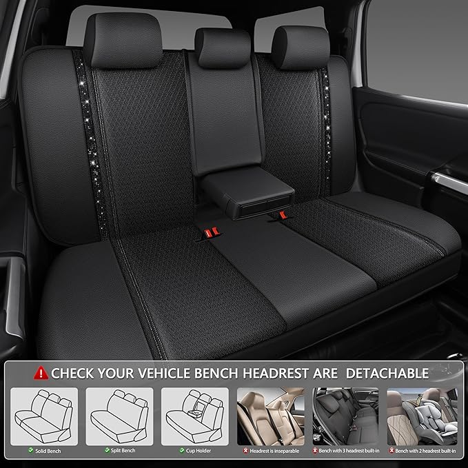 CAR PASS Memory Foam 3D Mesh Bling Diamond Car Seat Cover Full Set Breathable Soft Sponge Universal Shining Glitter Sparkly Crystal Armrest Fit Automotive Truck SUV Cute Women Girl, Black Rhinestone