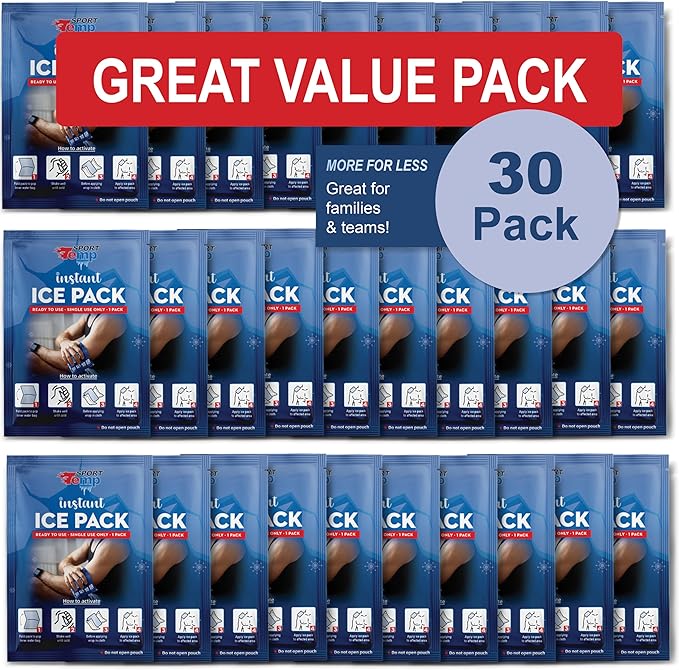 Sport Temp Instant Ice Cold Packs (7”x 5”) Disposable Ice Packs for Pain Relief, Swelling, Injuries, Toothaches, and Sprains – Cold Therapy for Athletes, First Aid, Travel & Outdoor Use (30 Pack)