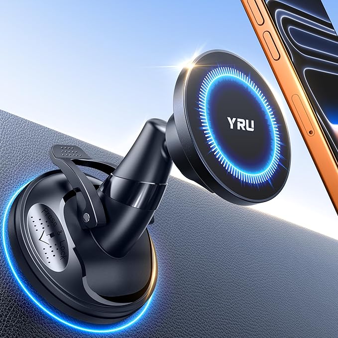 YRU [True Upgraded Military-Grade Phone Holder for Magsafe Car Mount 360° Rotating Vacuum Suction Dashboard, 2800gf Strongest Magnetic Windshield Phone Mount for iPhone 17 Pro Max 16 15 14,Black