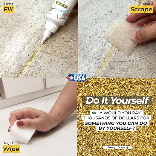 PentaUSA Tile Grout - Glitter Grout Tube, 6 Fl Oz Glitter Fast Drying Grout Paint, Shiny Grout Repair Kit - Renew Grout Lines in Bathroom, Kitchen, Countertops (180 ml, 6 Fl Oz) (Gold)