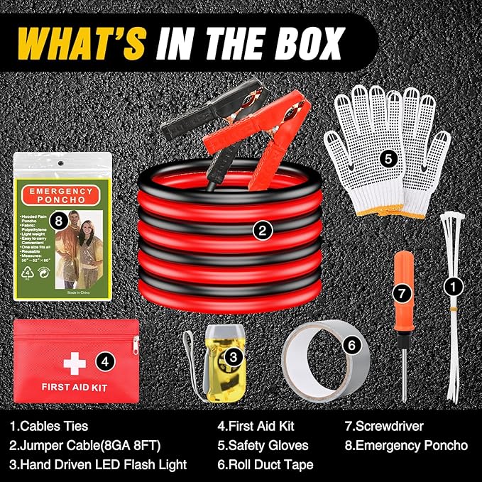 Nilight Car Emergency Kit with Jumper Cable Air Compressor Tire Repair Essential Tools First Aid Alligator Connector Electrical Kit for Travel Camping Outdoor Cars Truck SUV RV