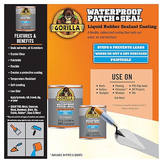 Gorilla Patch & Seal Liquid Rubber Waterproof Sealant, Crystal Clear, 32 Ounce (Pack of 6) - Seals Out Water, Air, and Moisture