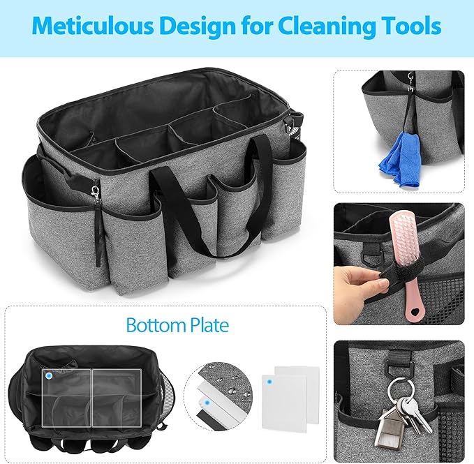 HODRANT Extra-Large Cleaning Caddy, Organizer with Handles for Cleaning Tools & Products Storage, Large Capacity Tote Bag for Car, Home & Housekeeping Work, Gray