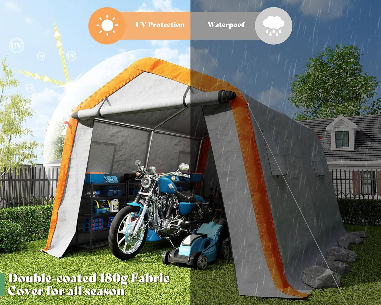 AMERLIFE 10.5x12x8 FT Heavy Duty Portable Shed Storage Shelter, Outdoor Storage Shed with 4 Waterproof Windows & Roll-up Zipper Door, Carport for Motorcycle, Bike, Grey