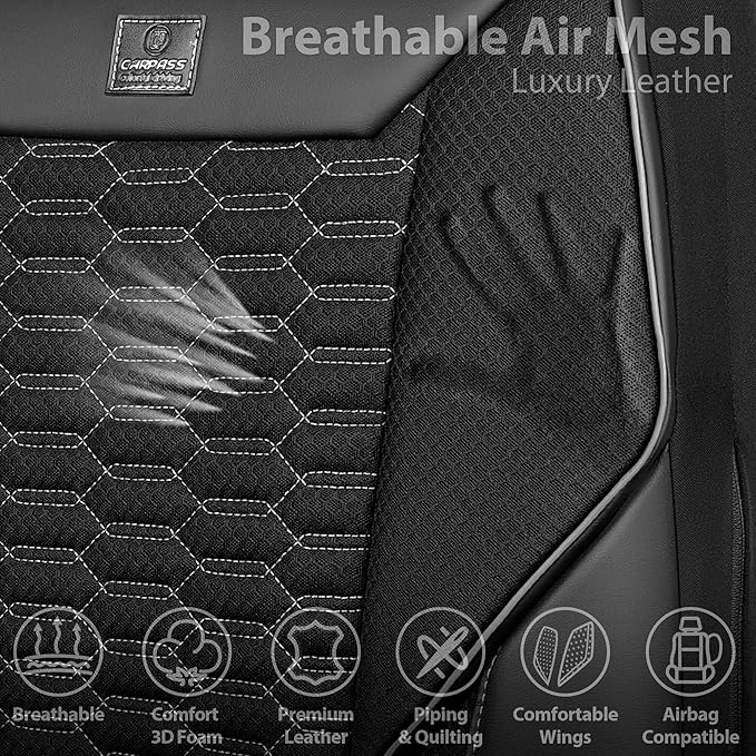 CAR PASS 3D Foam Mesh Leather Car Seat Covers Front Seats, Air Cool Mesh Front Seat Covers for Car, Universal Fit for SUV Truck Sedan Automotive, Armrest Airbag Compatible, Black and Gray