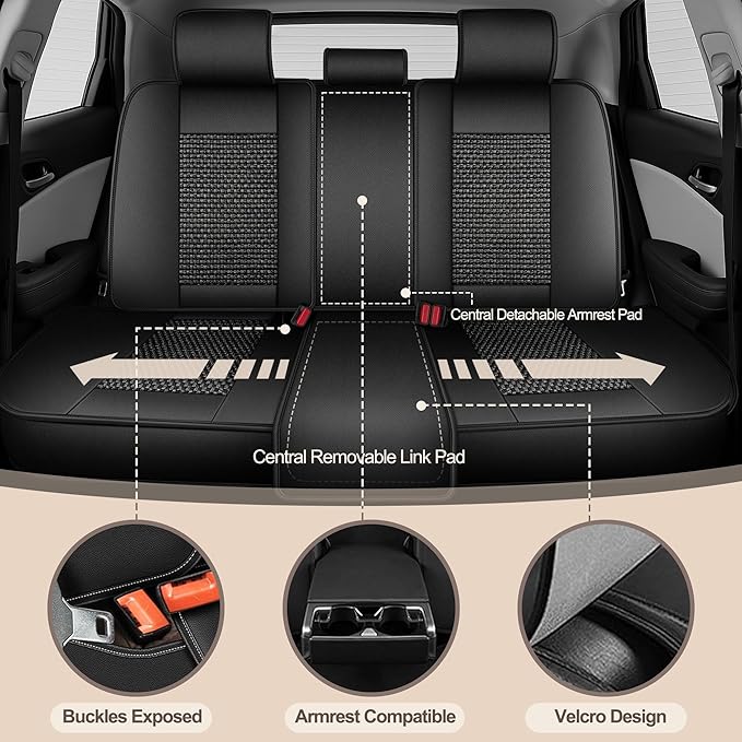 TTX LIGHTING for Hyundai Kona 2018-2026 Car Seat Covers, Breathable Ice Silk & Leather Seat Protector, Cool & Anti-Sweat for Long Driving, Airbag Compatible, 5 Seats Full Set (Black)