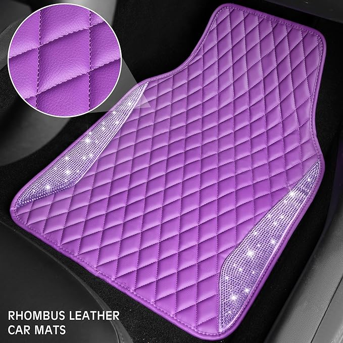 CAR PASS Bling Leather Car Mats Shining Diamond Floor Mats Crystal Rhinestone Sparkly Glitter Carpet Anti-Slip Waterproof Pad Universal Fit for Automotive SUV, Sedan, Van, 5pcs Girl Women, Purple