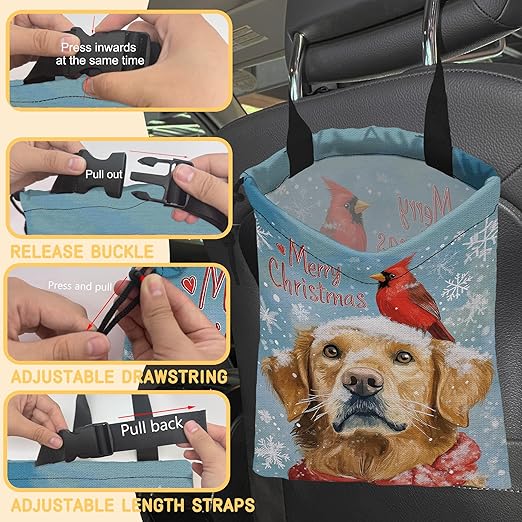Cardinal Car Garbage Bag,Golden Retriever Dog Small Car Trash Bag Hanging Back of Seat,Drawstring Car Trash Bag with Adjustable Buckle,Car Accessories for Camping Travelling