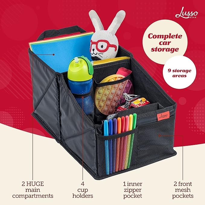 Lusso Gear Car Seat Organizer - Built-In Car Cup Holders & Mesh Pockets - Foldable Back Seat Organizer with Handles - Kids Road Trip Essentials - 9 Compartments, Black Oxford