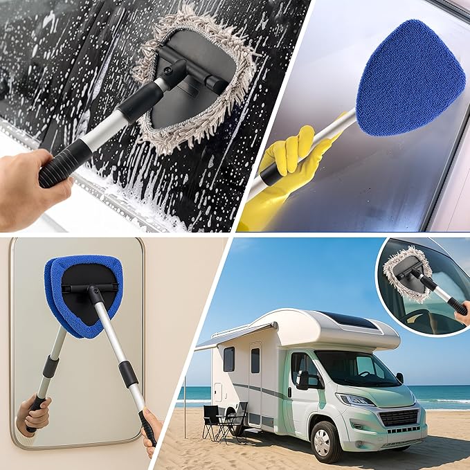Windshield Cleaner Tool with 180° Rotating Head, Car Window Cleaner Tool with Extendable Handle and 4 Reusable Microfiber Pads, Car Windshield Cleaning Brush for Effortless and Efficient Cleaning