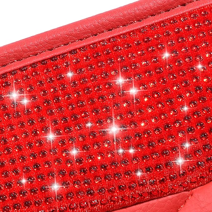 CAR PASS Bling Leather Car Mats Shining Diamond Floor Mats Crystal Rhinestones Sparkly Glitter Carpet Anti-Slip Waterproof Pad Universal Fit for Automotive SUV, Sedan, Van, 5pcs for Girl Women Red