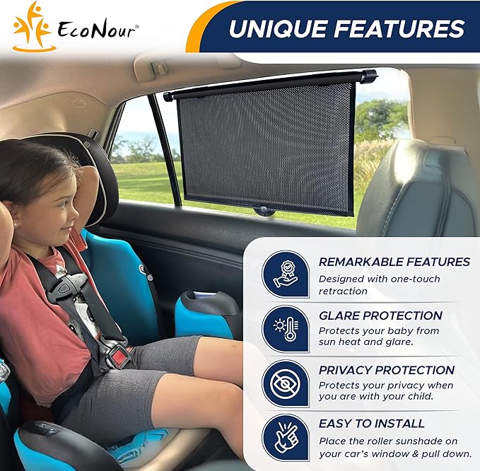 EcoNour Car Window Shades for Baby (2 Pack) - Upgraded | Shades for Side Window | Comes with Enhanced Suction Cups & Large Clips for Durability | Baby Car Accessories (15" x 17")