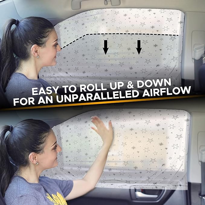 EcoNour Printed Baby Car Window Shades for Side Windows | Sun Shade for Heat & UV Protection | Adjustable Elastic Fabric Material | Rear Side Window Sunshade for Car | Pack of 2 (Large 40"x23")