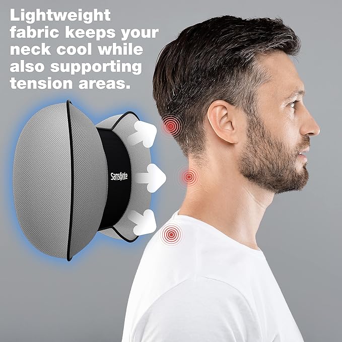 Samsonite Neck Pillow for Car – Ergonomic Memory Foam Headrest Cushion – Car Seat Support for Driving Comfort – Compact Neck Rest – Travel Pillow for Long Road Trip, Grey
