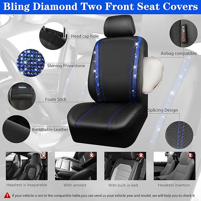 CAR PASS Bling Diamond Car Seat Covers Full Set, Shining Rhinestone Waterproof Faux Leather, Rear with Zipper, Universal Fit Automotive Glitter Crystal Sparkle Strips for Cute Women Girl, Blue