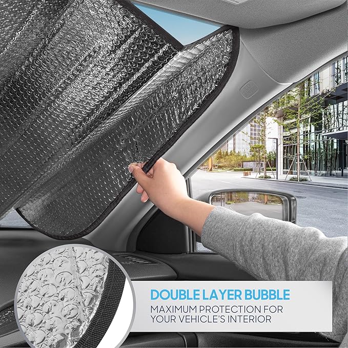 BDK Never Stop Exploring Front Windshield Sunshade Accordion Folding Style Auto Shade for Car Truck SUV Van Blocks UV Rays Sun Visor Protector Easy Setup Keeps Your Vehicle Cool - 58 x 27 inches