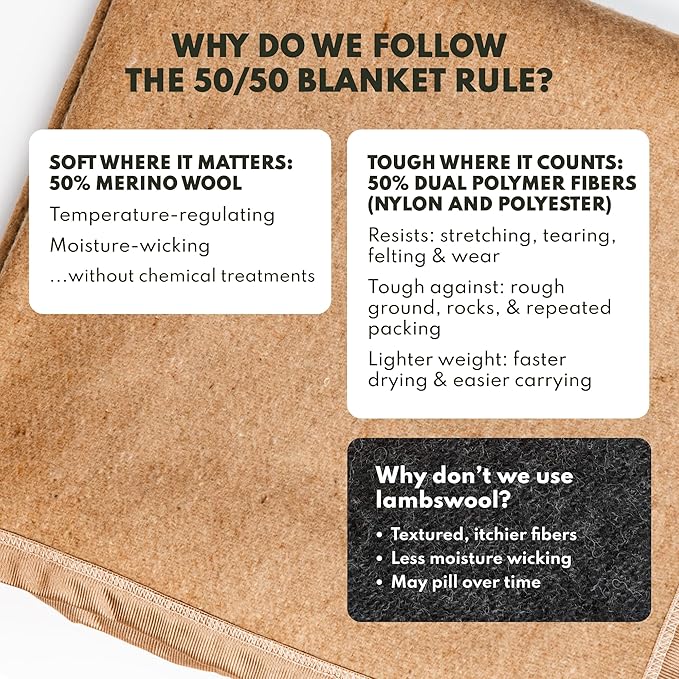 Woolly Mammoth Woolen Company Wool Blanket - 85 x 47 in, Sand, 50% Blended Wool Blankets - Backpacking & Cold-Weather Camp Throw - Stadiums, Hikes, Backyards - Emergency Wrap for Survival Kits