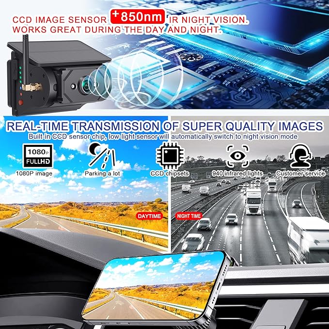 Solar-Powered Wireless Backup Camera with AI Security-Smart Human/Vehicle Detection,WiFi Connectivity,Cordless & Magnetic Mount Rear View Camera Upgrade Your Truck,Trailer,RV,or Camper WF102